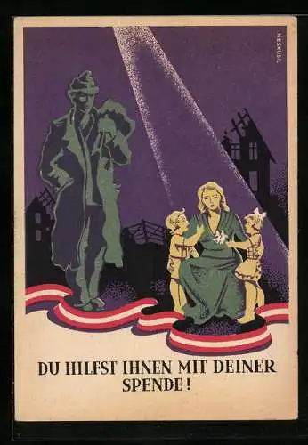 Künstler-AK Du hilfst ihnen mit Deiner Spende!, Offizielle Karte für zusätzliche Heimkehrer-Befürsorgung