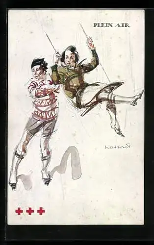 Künstler-AK Junge schubst Mädchen auf einer Schaukel an, Rotes Kreuz