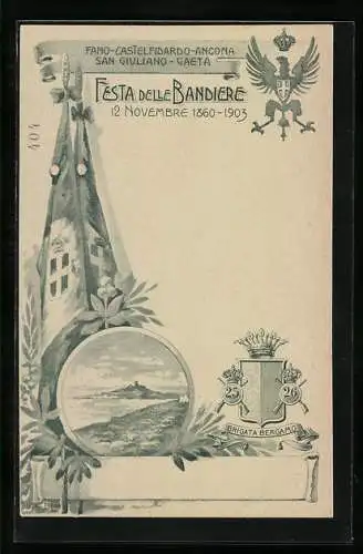 Lithographie Fano-Castelfidardo-Ancons San Guiliano-Gaeta, Festa delle Bandiere 12 Novembre 1860-1903, Brigata Bergamo