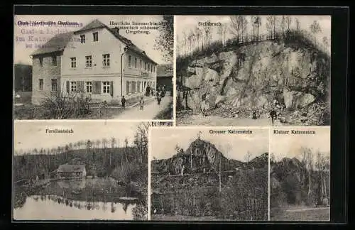 AK Schlauroth im Katzenbachthal, Gerh. Hartmanns Gasthaus, Steinbruch, Forellenteich, Grosser und kleiner Katzenstein