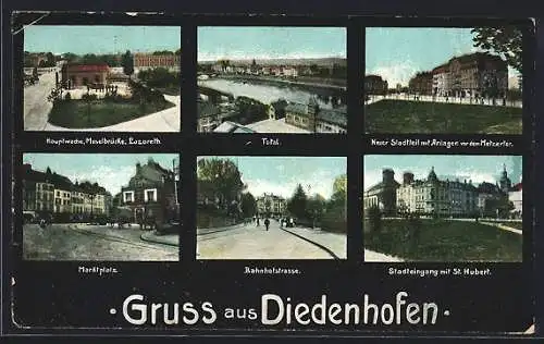 AK Diedenhofen, Bahnhofstrasse, St. Hubert, Hauptwache mit Lazarett und Moselbrücke
