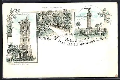 Lithographie Gravelotte, Aussichtsturm, Denkmal der 6. Infanterie-Brigade bei St. Hubert
