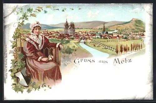 Lithographie Metz, Teilansicht und Frau mit Blume