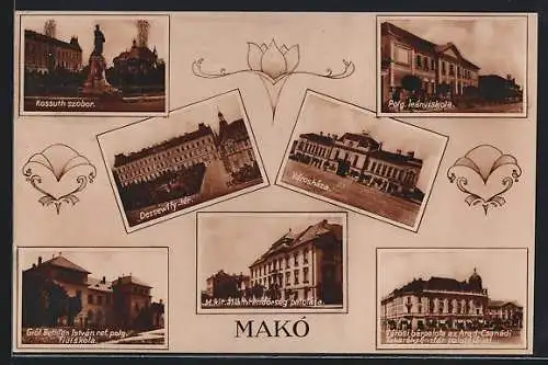 AK Makó, Városháza, Kossuth szobor, Dessewffy-tér
