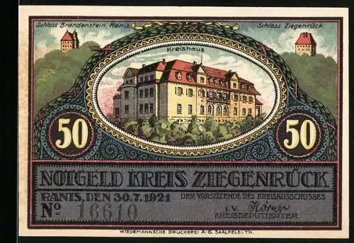 Notgeld Ranis 1921, 50 Pfennig, Kreis Ziegenrück, Schloss Brandenstein, Schloss Ziegenrück, Bergamt Grosskamsdorf