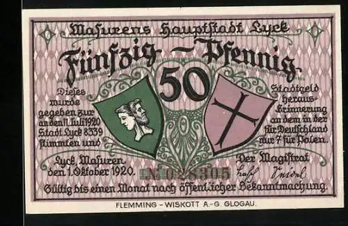 Notgeld Lyck / Masuren 1920, 50 Pfennig, Stadtbild und Wappen