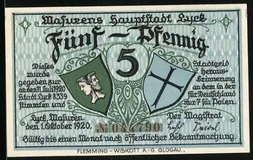 Notgeld Lyck 1920, 5 Pfennig, Stadtansicht und Gedichte, Stadtwappen und Seriennummer