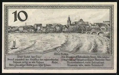 Notgeld Lyck 1920, 10 Pfennig, Stadtansicht und lyrische Texte