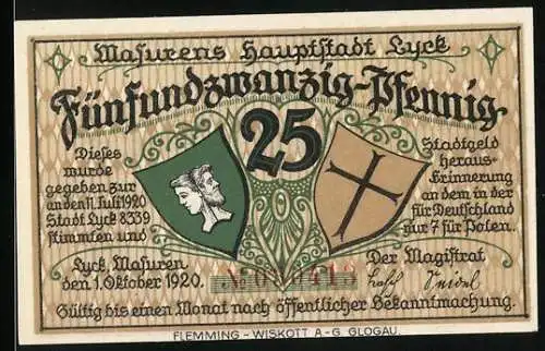 Notgeld Lyck 1920, 25 Pfennig, Stadtansicht und Wappen, Ausgabe 1. Oktober 1920, Gültig für einen Monat