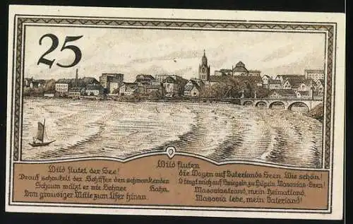 Notgeld Lyck 1920, 25 Pfennig, Stadtansicht und Wappen, Ausgabe 1. Oktober 1920, Gültig für einen Monat