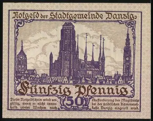 Notgeld Danzig, 1919, 50 Pfennig, Stadtgemeinde mit gotischer Architektur und Unterschriften des Magistrats