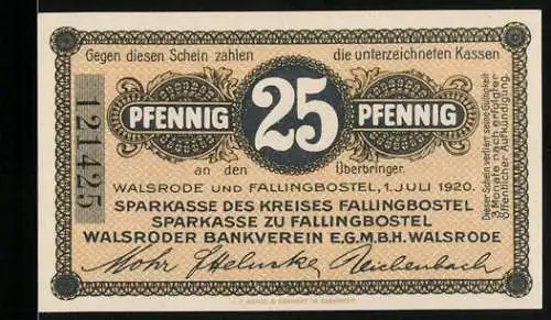 Notgeld Walsrode und Fallingbostel 1920, 25 Pfennig, Sparkasse und Landschaftsabbildung