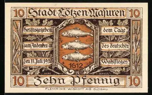 Notgeld Lötzen 1920, 10 Pfennig, drei Fische und Schloss zu Lötzen