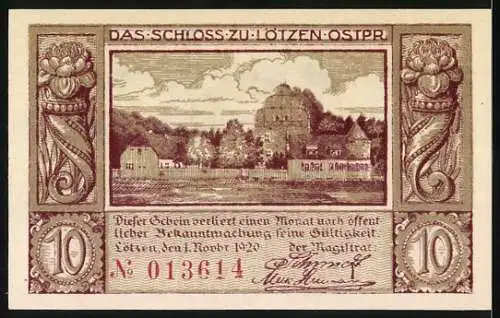 Notgeld Lötzen 1920, 10 Pfennig, drei Fische und Schloss zu Lötzen