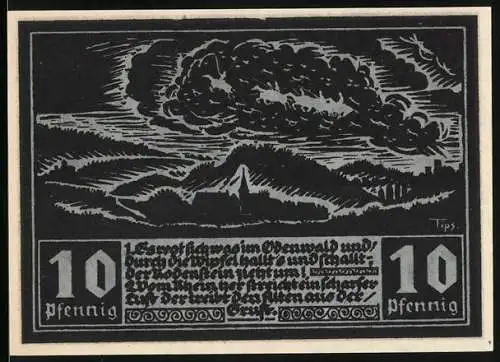 Notgeld Fränkisch-Crumbach, 1920, 10 Pfennig, Burg und Ritterabbildung mit Stadtansicht im Hintergrund