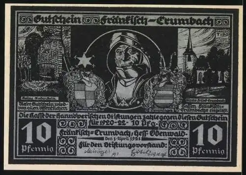 Notgeld Fränkisch-Crumbach, 1920, 10 Pfennig, Burg und Ritterabbildung mit Stadtansicht im Hintergrund