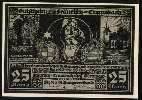 Notgeld Fränkisch-Crumbach, 1921, 25 Pfennig, Ritter-Abbildung mit Wappen und Reiter auf Pferd