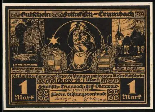 Notgeld Fränkisch-Crumbach 1920, 1 Mark, Motiv: Ritter mit Wappen und Landschaft mit Reiter
