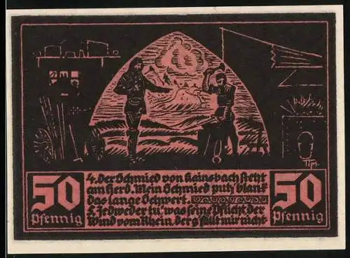 Notgeld Fränkisch-Crumbach, 1920, 50 Pfennig, Der Schmied von Hanau und Stadtansicht