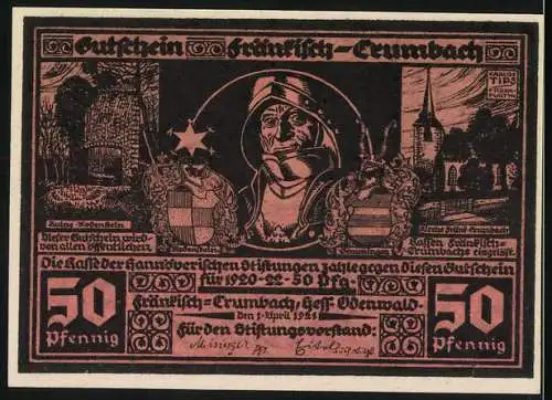 Notgeld Fränkisch-Crumbach, 1920, 50 Pfennig, Der Schmied von Hanau und Stadtansicht