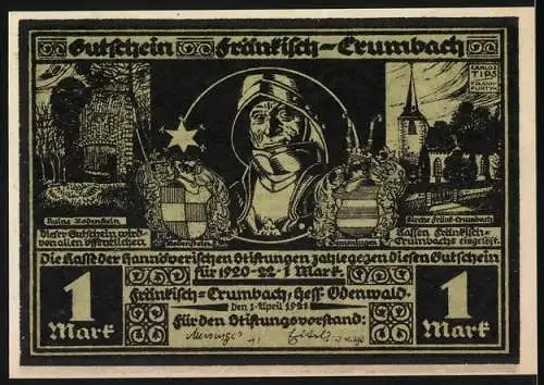 Notgeld Fränkisch-Crumbach 1920, 1 Mark, Ritter und Stadtansicht