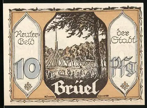 Notgeld Brüel, 1922, 10 Pfennig, Reutergeld der Stadt mit Landschaftsillustrationen und Gedicht