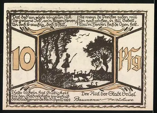 Notgeld Brüel, 1922, 10 Pfennig, Reutergeld der Stadt mit Landschaftsillustrationen und Gedicht