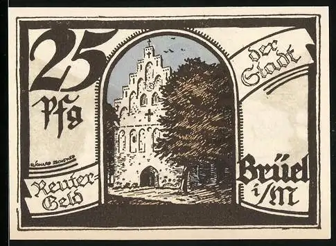 Notgeld Brüel i/M, 1922, 25 Pfennig, historische Gebäude und Kinderillustration