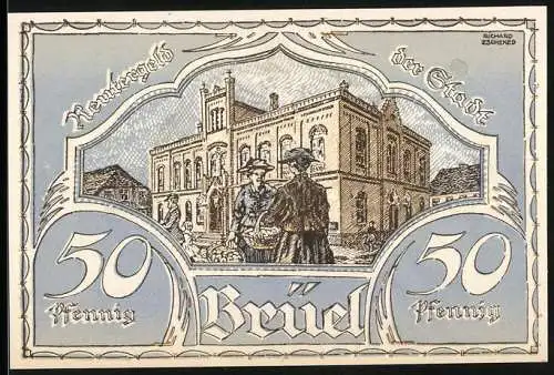 Notgeld Brüel, 50 Pfennig, Darstellung eines historischen Gebäudes und eines Bauern mit Werkzeug