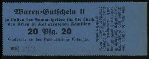 Notgeld Erlangen, 20 Pfg, Warengutschein II für durch den Krieg in Not geratene Familien, gültig bei der Kämmereikasse