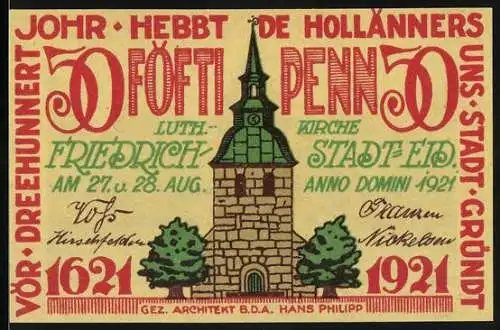Notgeld Friedrichstadt-Eid 1921, 50 Pfennig, Kirche und Gebäudeansicht
