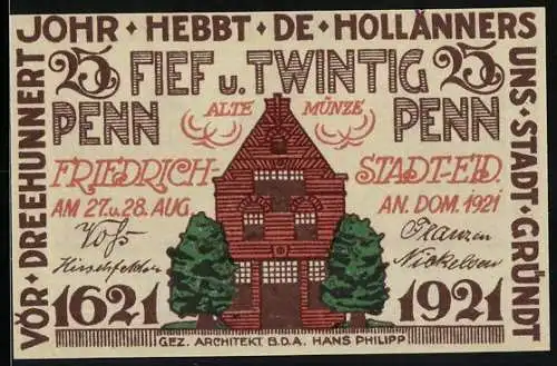 Notgeld Friedrichstadt-Eid 1921, 25 Penn, 300 Jahre Stadtgründung mit Stadthaus und Bäumen