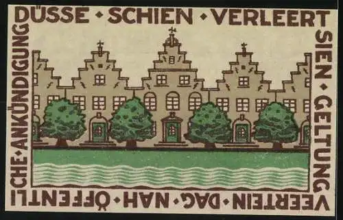 Notgeld Friedrichstadt-Eid 1921, 25 Penn, 300 Jahre Stadtgründung mit Stadthaus und Bäumen