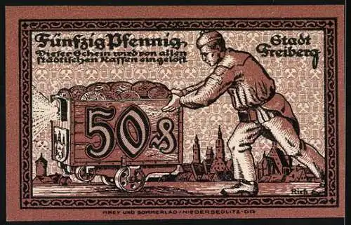 Notgeld Freiberg, 50 Pfennig, Bergmänner und Schubkarre mit Erz, Stadtansicht im Hintergrund