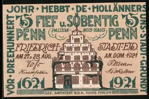 Notgeld Friedrichstadt-Eid 1921, 75 Pfennig, Paludanus-Haus und historische Gebäude mit Bäumen