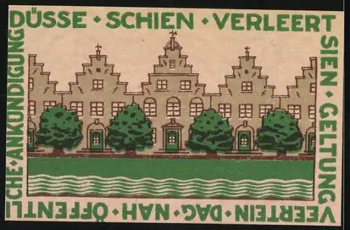 Notgeld Friedrichstadt-Eid 1921, 75 Pfennig, Paludanus-Haus und historische Gebäude mit Bäumen