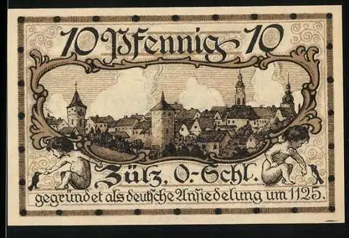 Notgeld Zülz 1924, 10 Pfennig, Stadtansicht und Stadtwappen, Gültig bis 1 Monat nach Aufruf