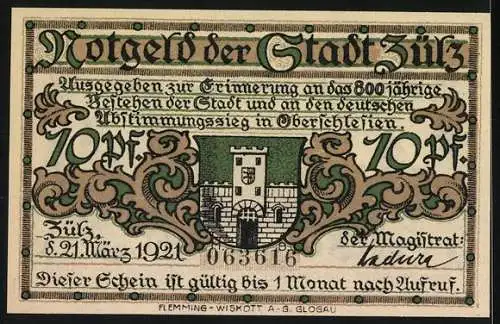 Notgeld Zülz 1924, 10 Pfennig, Stadtansicht und Stadtwappen, Gültig bis 1 Monat nach Aufruf