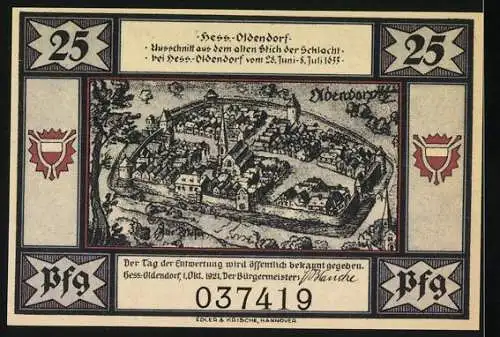 Notgeld Hess-Oldendorf, 1921, 25 Pfennig, Illustrationen und Stadtansicht Hess-Oldendorf, Schlachtszene