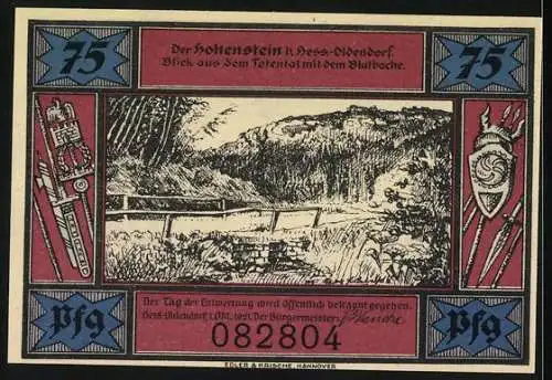 Notgeld Hess-Oldendorf, 75 Pfennig, Illustration von Menschen und Landschaft mit Hohenstein und Wutbach