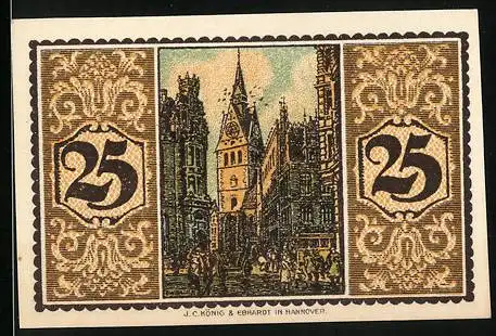 Notgeld Hannover 1921, 25 Pfennig, Stadtansicht mit dekorativen Mustern