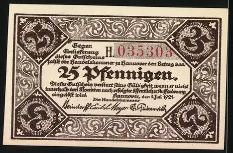 Notgeld Hannover 1921, 25 Pfennig, Stadtansicht mit dekorativen Mustern