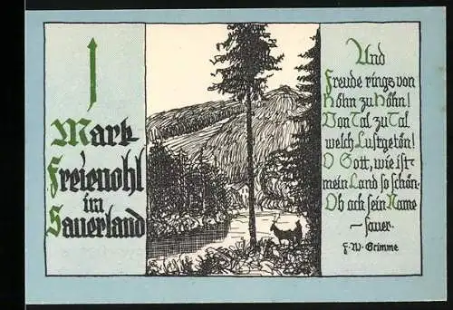 Notgeld Freienohl im Sauerland, 1 Mark, Landschaft mit Gedicht von F. W. Grimme, Nummer 02765