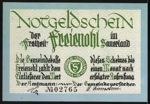 Notgeld Freienohl im Sauerland, 1 Mark, Landschaft mit Gedicht von F. W. Grimme, Nummer 02765