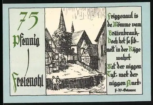 Notgeld Freienohl, 75 Pfennig, Illustration von Fachwerkhäusern und Text