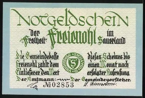 Notgeld Freienohl, 75 Pfennig, Illustration von Fachwerkhäusern und Text