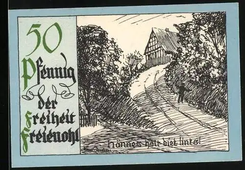 Notgeld Freienohl, 50 Pfennig, Landschaft und Gebäude, Text und Nummer 04190