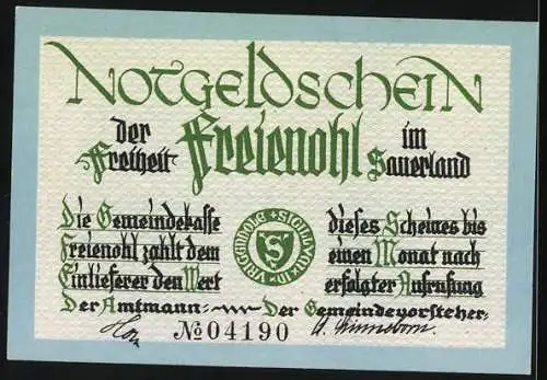 Notgeld Freienohl, 50 Pfennig, Landschaft und Gebäude, Text und Nummer 04190