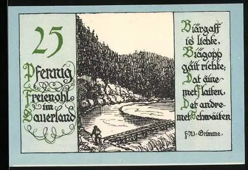 Notgeld Freienohl im Sauerland, 25 Pfennig, Landschaft mit Fluss und Gedicht von F.W. Grimme