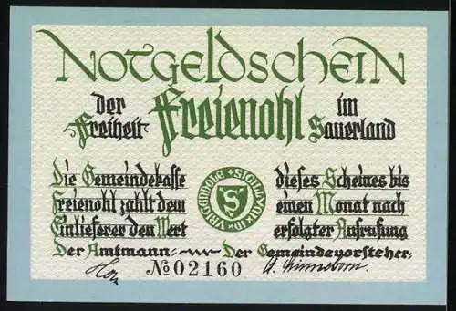 Notgeld Freienohl im Sauerland, 25 Pfennig, Landschaft mit Fluss und Gedicht von F.W. Grimme